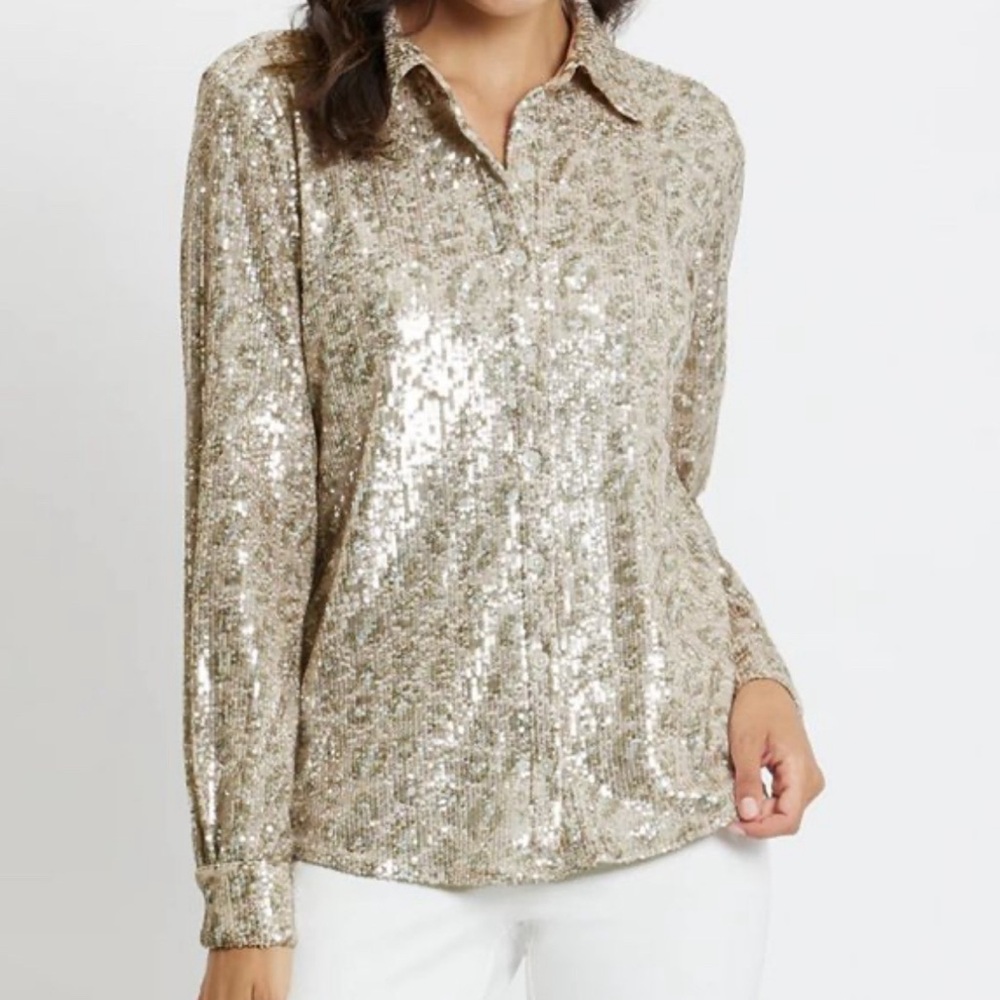 Sequin Collared Long-Sleeve Top - Gold